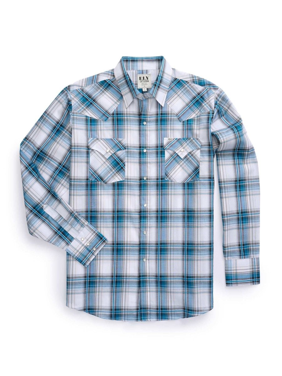 Men's Ely Cattleman Long Sleeve Textured Plaid Western Snap Shirt- White & Black - Ely Cattleman - Flyclothing LLC