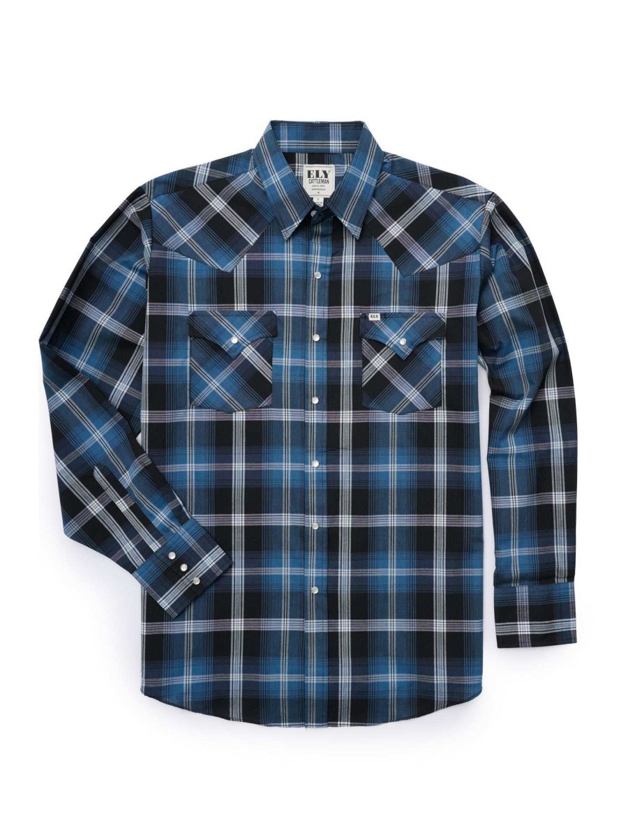 Men's Ely Cattleman Long Sleeve Textured Plaid Western Snap Shirt- Black Cherry & Blue - Ely Cattleman - Flyclothing LLC