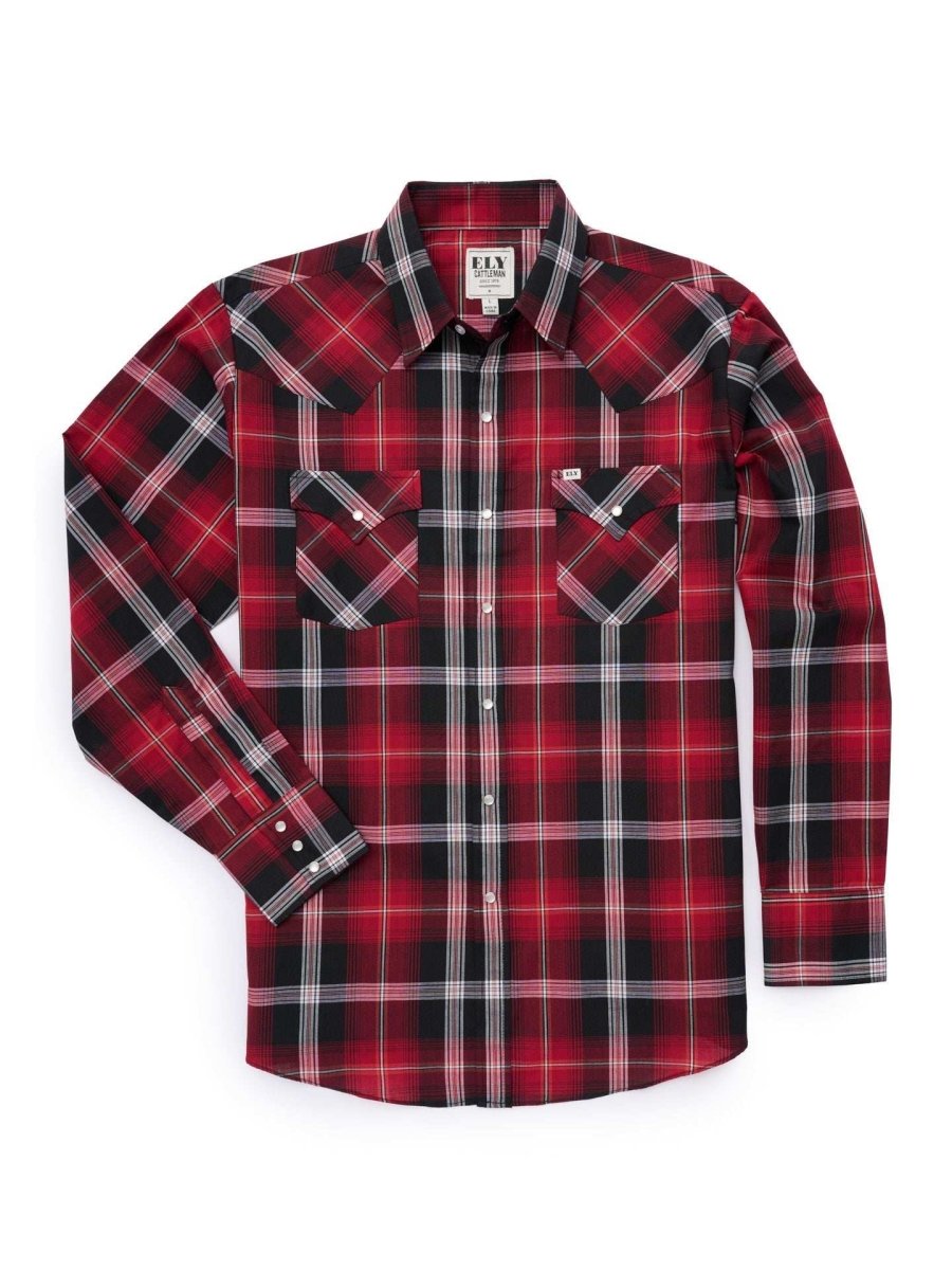 Men's Ely Cattleman Long Sleeve Textured Plaid Western Snap Shirt- Black Cherry & Blue - Ely Cattleman - Flyclothing LLC