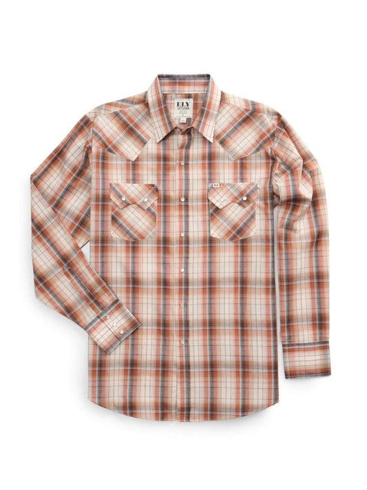 Men's Ely Cattleman Long Sleeve Textured Plaid Western Snap Shirt- Rust & Blue - Ely Cattleman - Flyclothing LLC