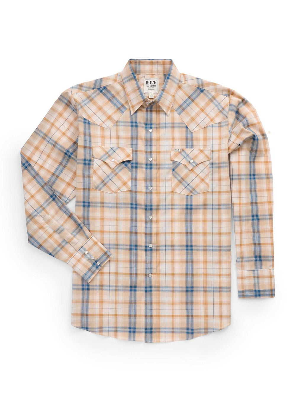 Men's Ely Cattleman Long Sleeve Textured Plaid Western Snap Shirt- Tan - Ely Cattleman - Flyclothing LLC
