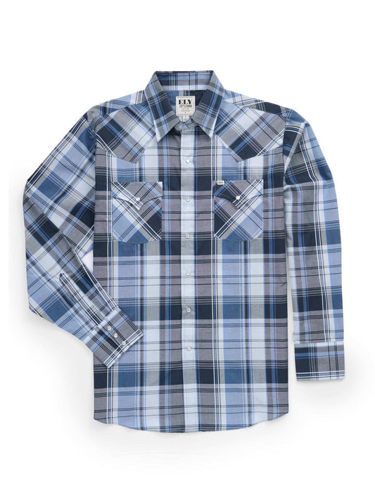 Men's Ely Cattleman Long Sleeve Textured Plaid Western Snap Shirt- Blue - Ely Cattleman - Flyclothing LLC