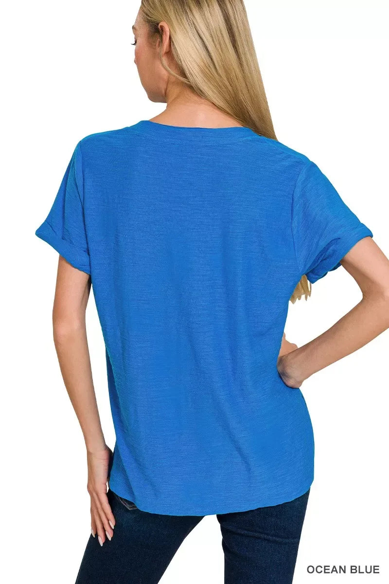Zenana Slub Rolled Short Sleeve V-Neck Tee - Trendsi - Flyclothing LLC