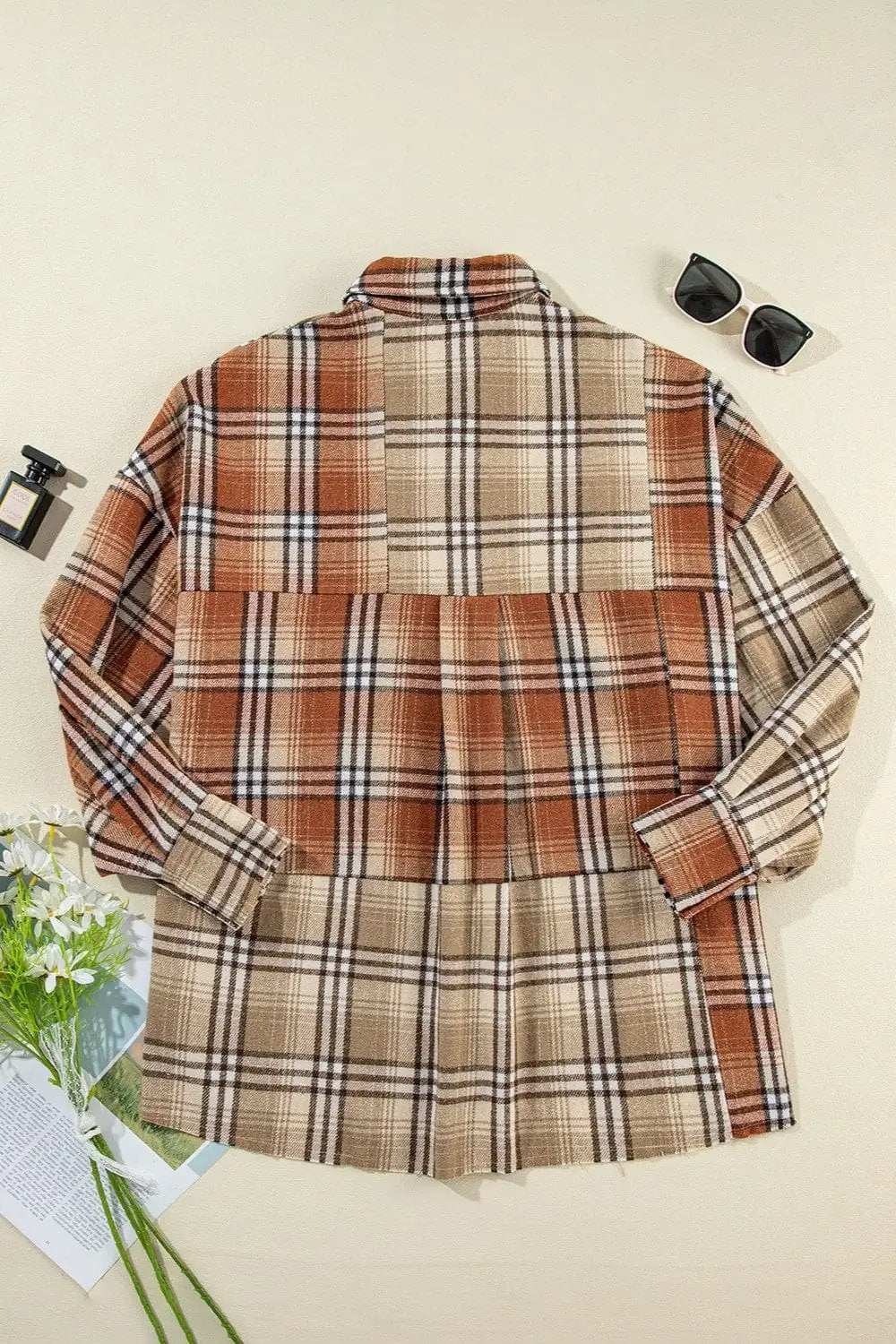 Plaid Snap Down Dropped Shoulder Shacket - Trendsi - Flyclothing LLC