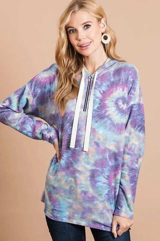 BiBi Brushed Circular Tie Dye Print Terry Hoodie - Trendsi - Flyclothing LLC