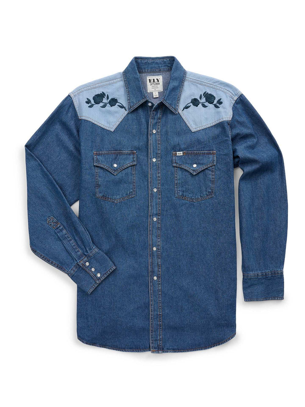 Men's Ely Cattleman Retro Contrast Denim Western Snap Shirt with Rose Embroidery - Ely Cattleman - Flyclothing LLC