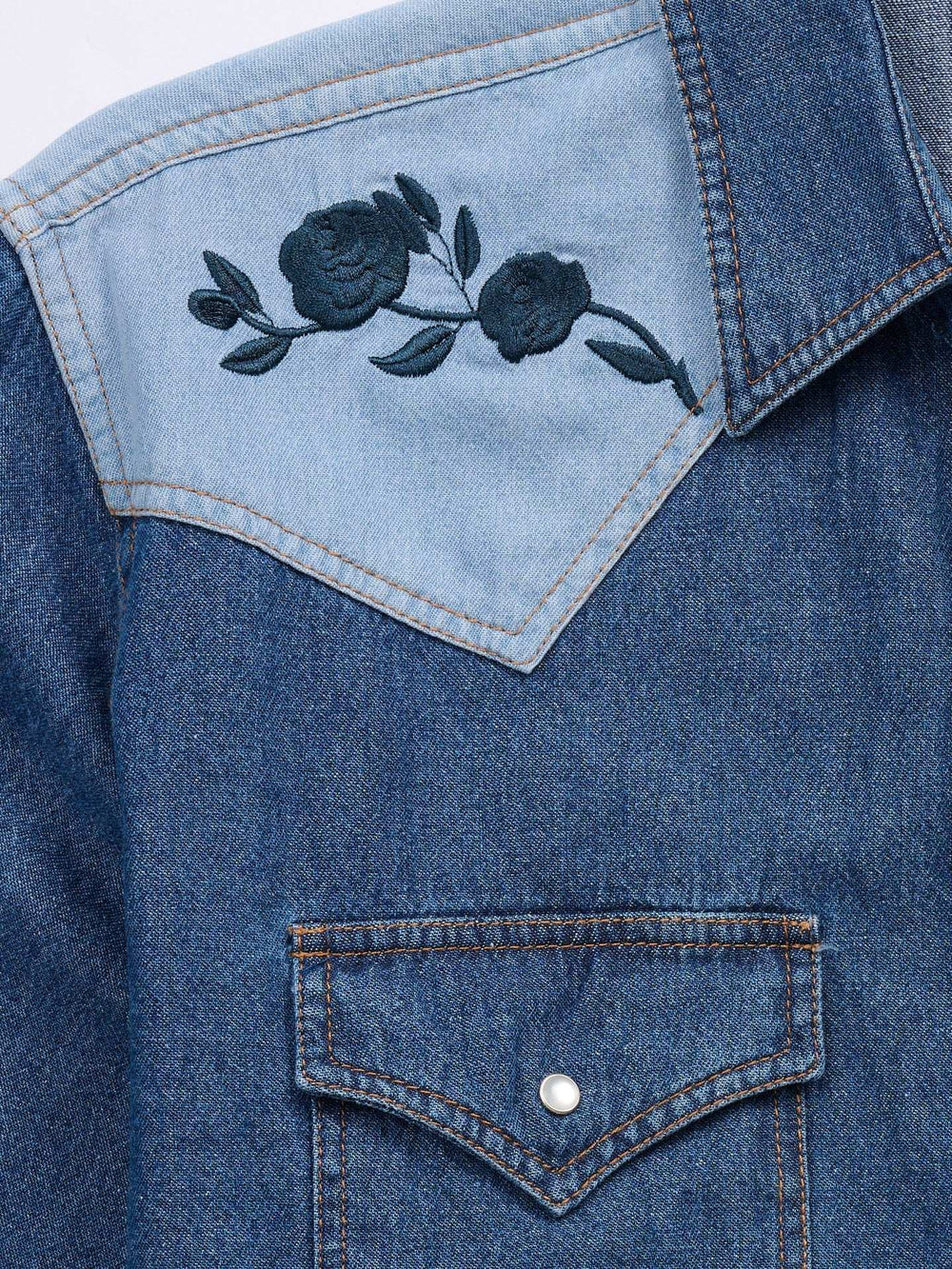 Men's Ely Cattleman Retro Contrast Denim Western Snap Shirt with Rose Embroidery - Ely Cattleman - Flyclothing LLC