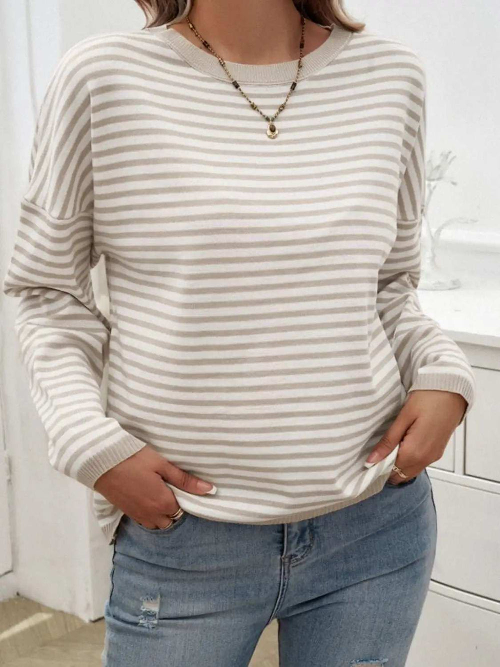 Striped Round Neck Dropped Shoulder Sweater - Trendsi - Flyclothing LLC