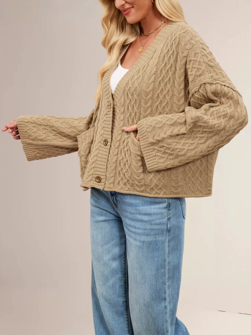 Cable Knit Button-Down Cardigan - Trendsi - Flyclothing LLC