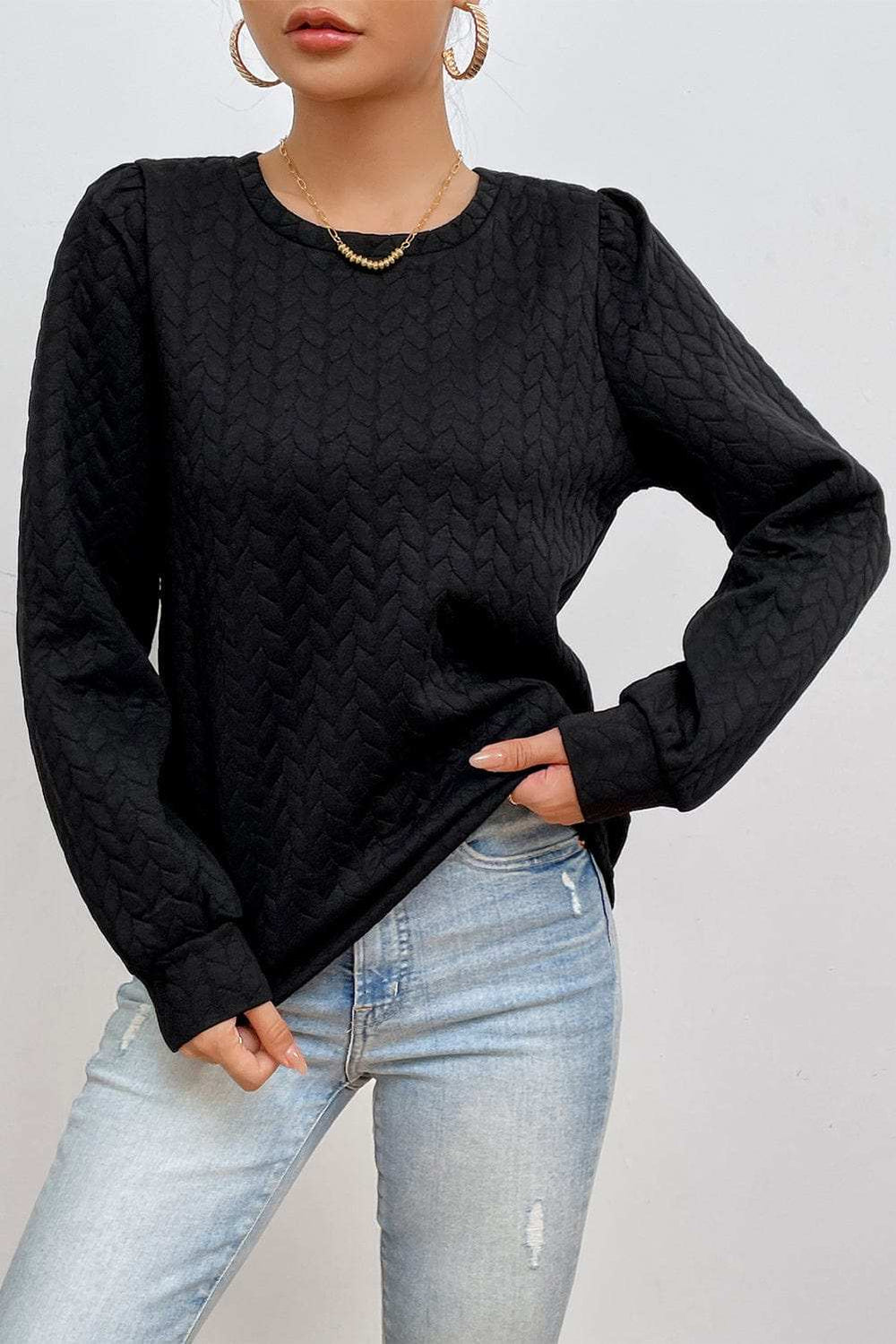 Texture Round Neck Long Sleeve Sweatshirt - Trendsi - Flyclothing LLC