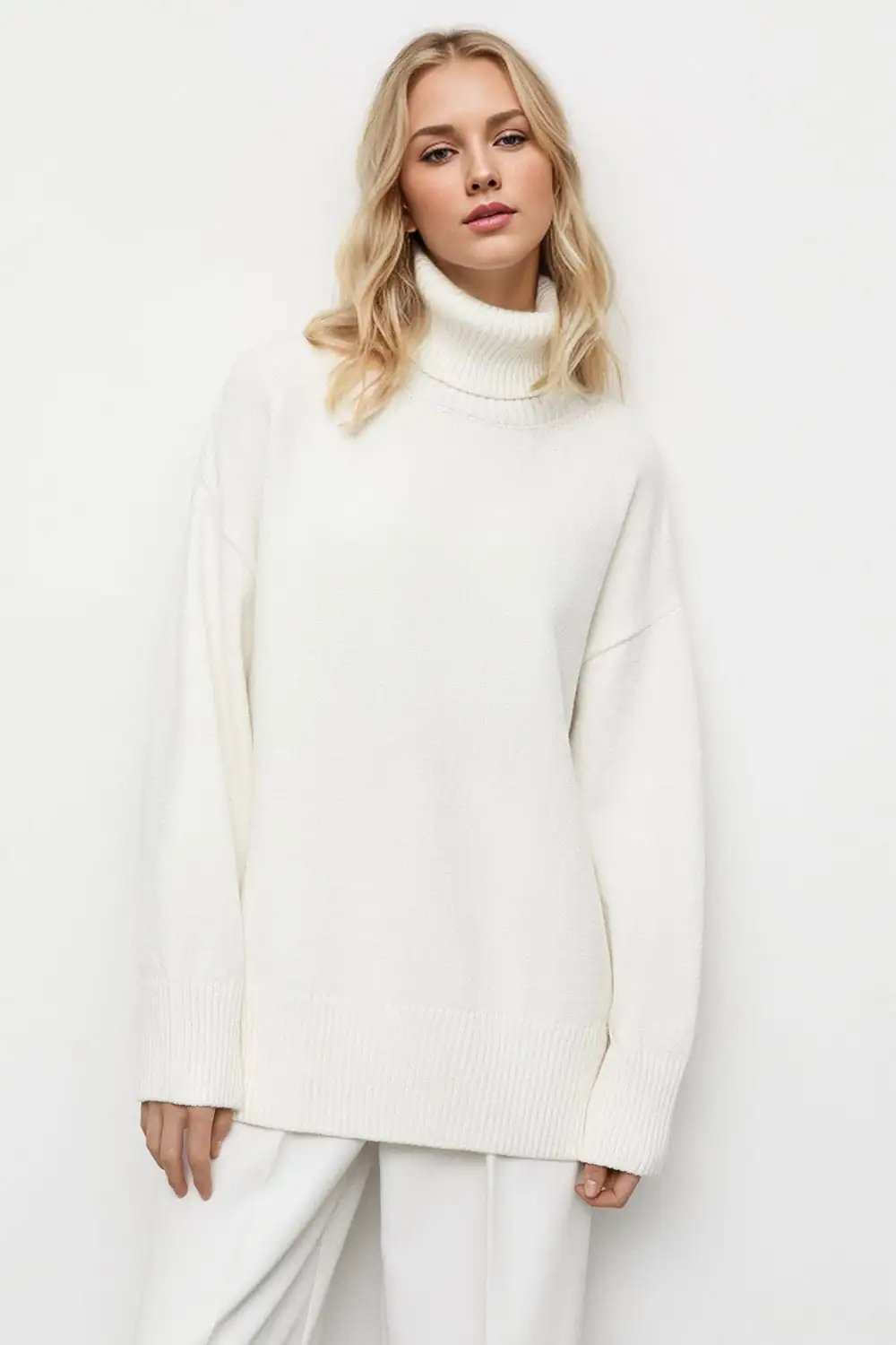 Basic Bae Turtleneck Dropped Shoulder Long Sleeve Sweater - Trendsi - Flyclothing LLC