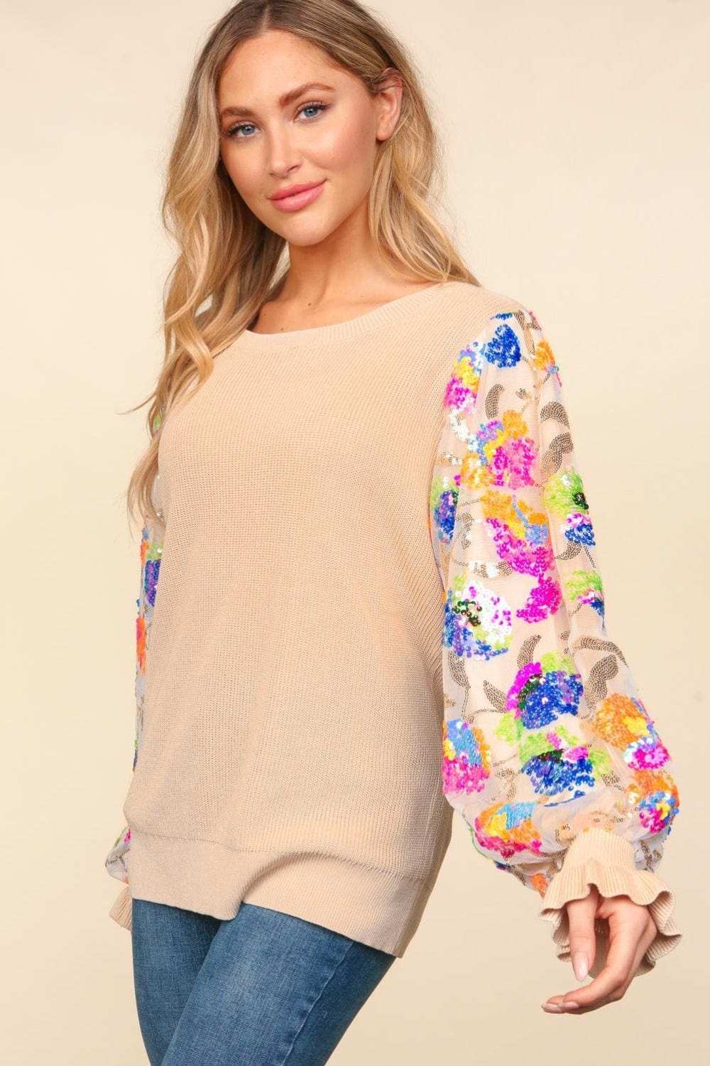 Haptics Floral Sequins Mesh Flounce Sleeve Sweater - Trendsi - Flyclothing LLC