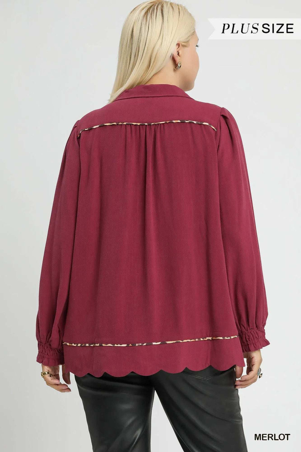 Umgee Full Size Linen Scallop Hem Blouse with Contrast Trim Plus Size - Trendsi - Flyclothing LLC