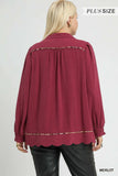 Umgee Full Size Linen Scallop Hem Blouse with Contrast Trim Plus Size - Trendsi - Flyclothing LLC