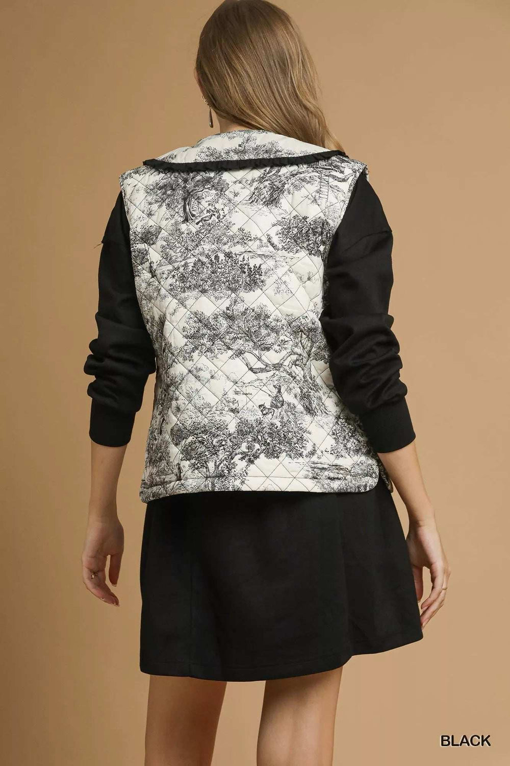 Umgee Toile Quilted Vest with Ruffle Collar - Trendsi - Flyclothing LLC