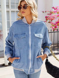 Pocketed Zip Up Baseball Collar Denim Jacket - Trendsi - Flyclothing LLC