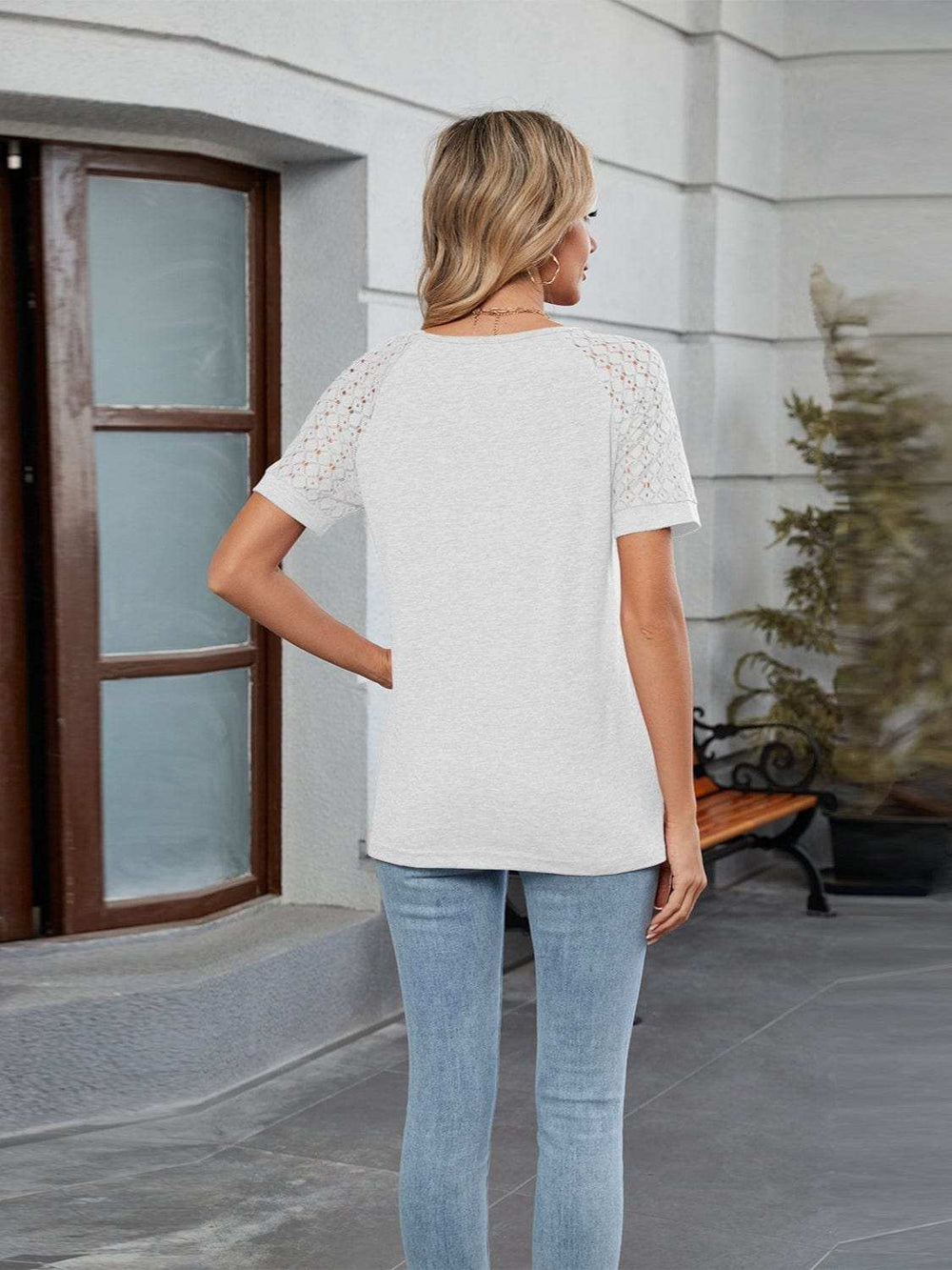 Round Neck Lace Short Sleeve T-Shirt - Trendsi - Flyclothing LLC