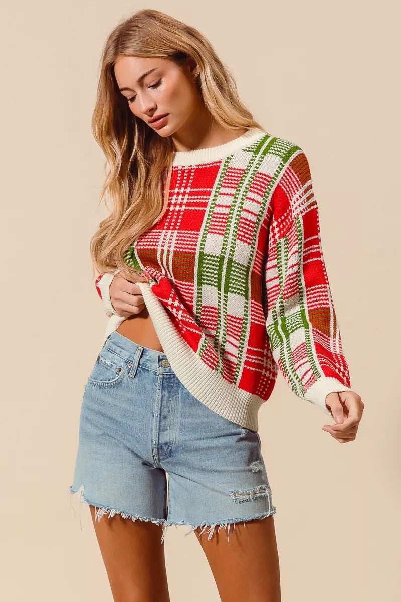 SO ME Christmas Color Checkered Plaid Crew Neck Sweater - Trendsi - Flyclothing LLC