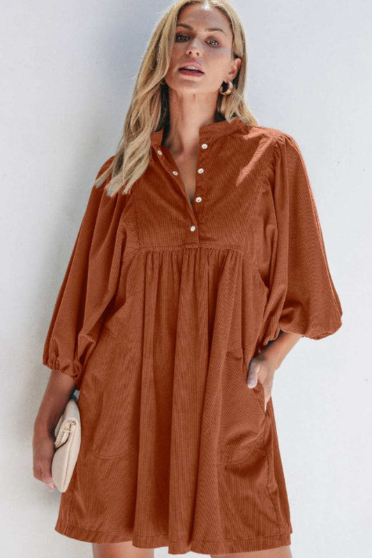 Corduroy Quarter Snap Three-Quarter Sleeve Dress - Trendsi - Flyclothing LLC