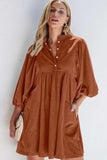 Corduroy Quarter Snap Three-Quarter Sleeve Dress - Trendsi - Flyclothing LLC