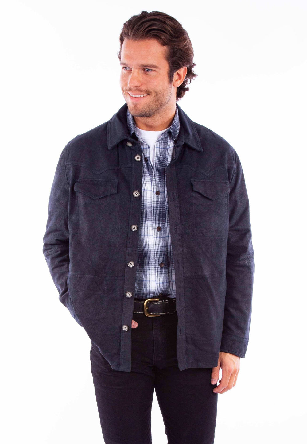 leatherwear mens navy 100% leather men's button up - Scully Leather - Flyclothing LLC