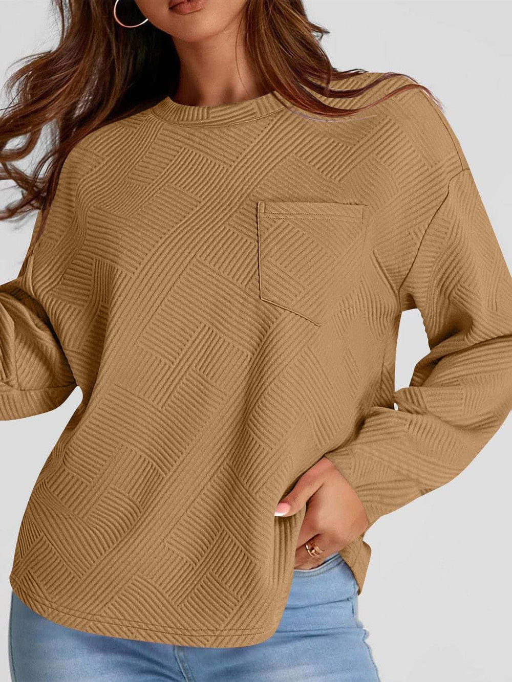 Full Size Texture Round Neck Long Sleeve Sweatshirt - Trendsi - Flyclothing LLC