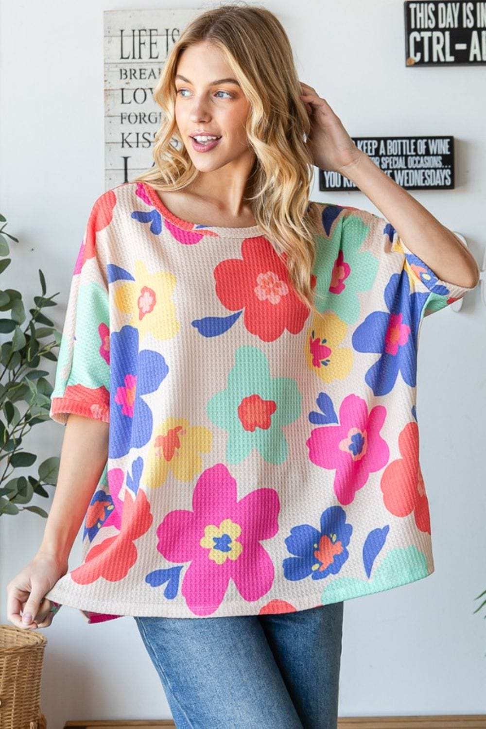 HOPELY Floral Waffle Oversize T-Shirt - Trendsi - Flyclothing LLC