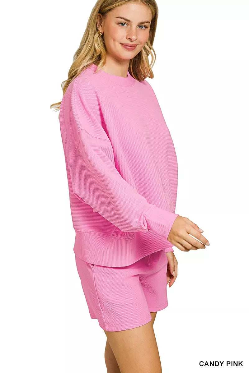 Zenana Ribbed Round Neck Pullover and Shorts Set - Trendsi - Flyclothing LLC