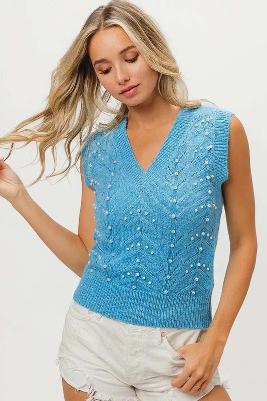 BiBi Chevron Pointelle Pearl Knit Top - Trendsi - Flyclothing LLC