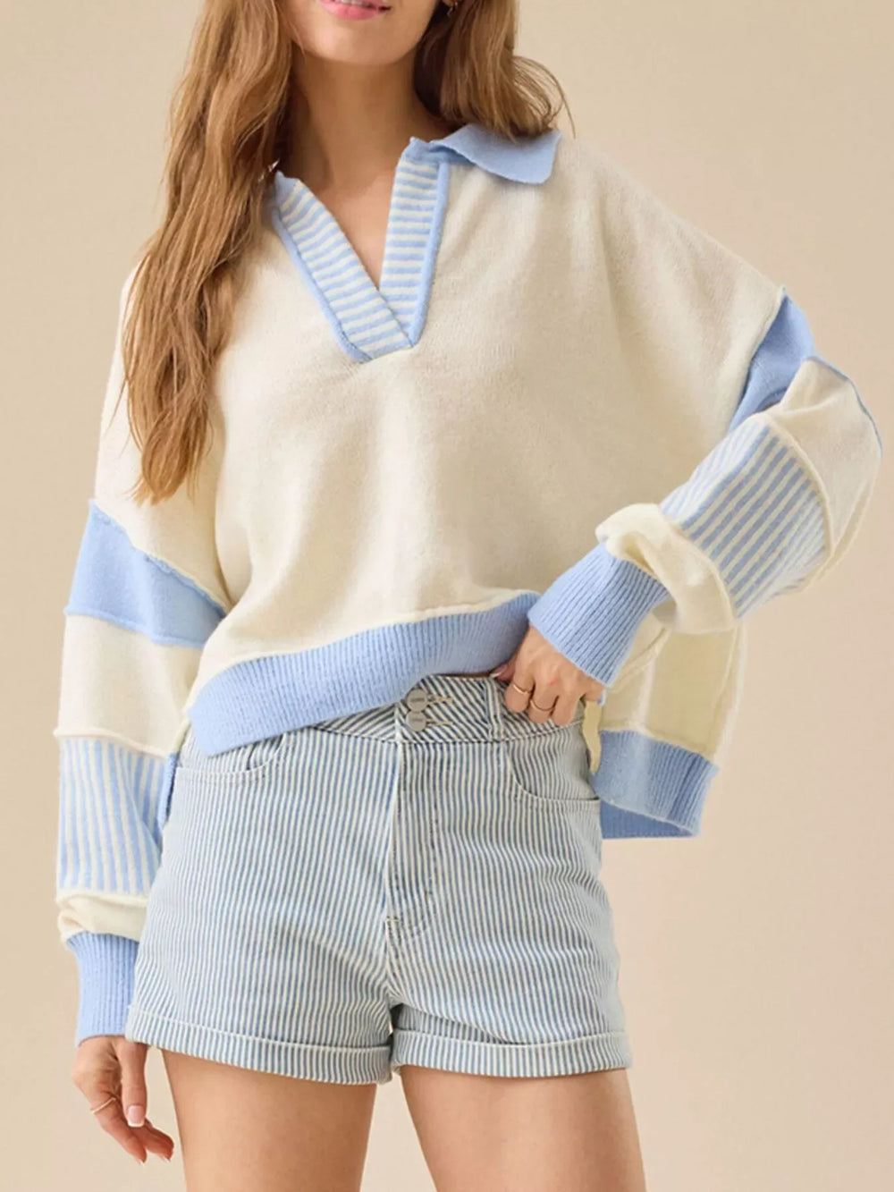 Color Block Dropped Shoulder Sweater - Trendsi - Flyclothing LLC