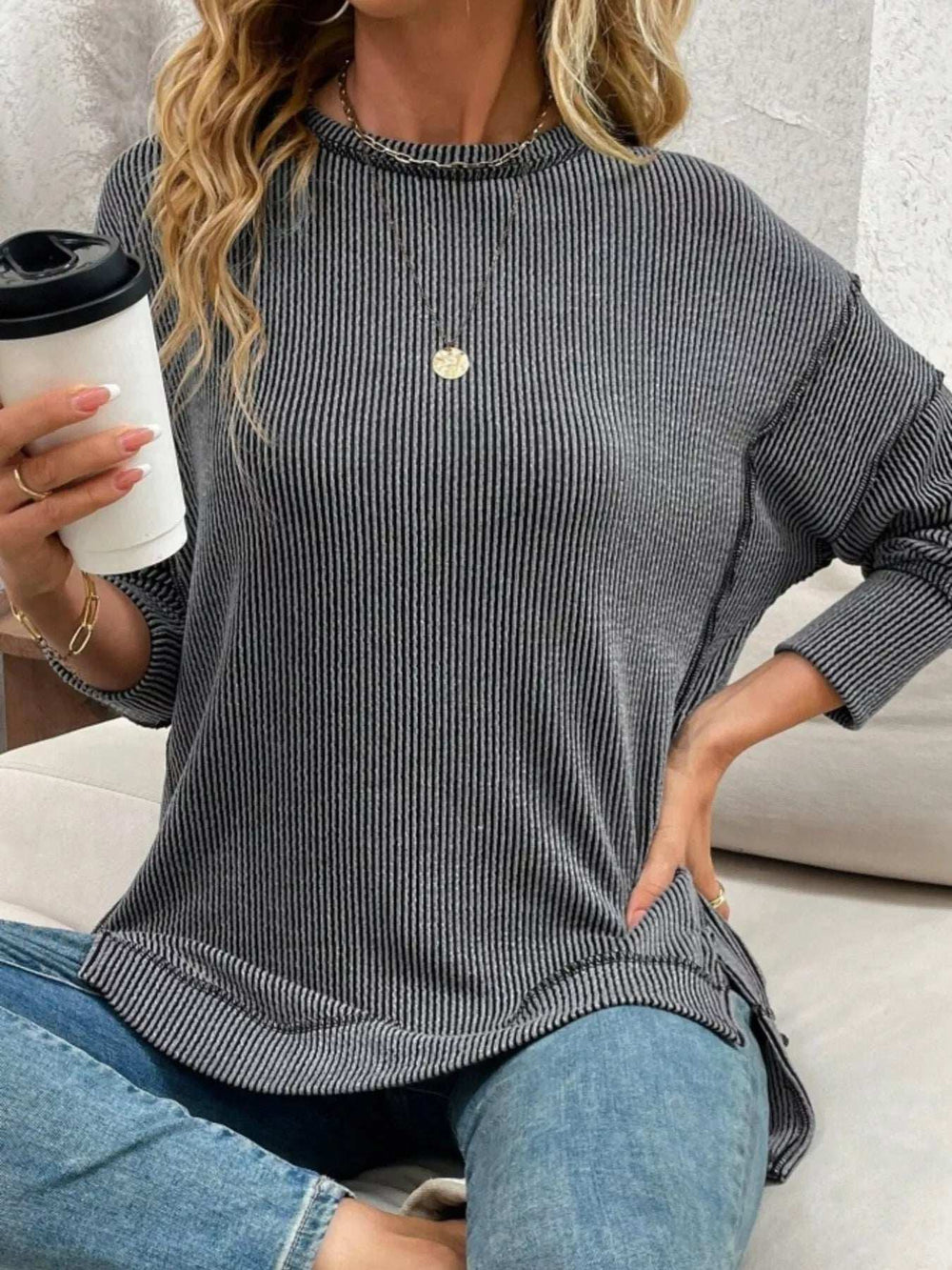 Side Slit Round Neck Dropped Shoulder Sweatshirt - Trendsi - Flyclothing LLC