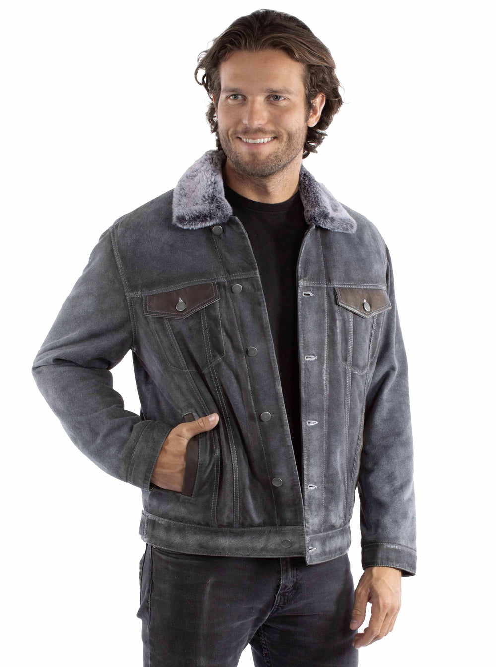 leatherwear mens blue 100% leather jean jacket - Scully Leather - Flyclothing LLC