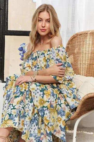 ADORA Layered Floral Off-Shoulder Short Sleeve Maxi Dress - Trendsi - Flyclothing LLC