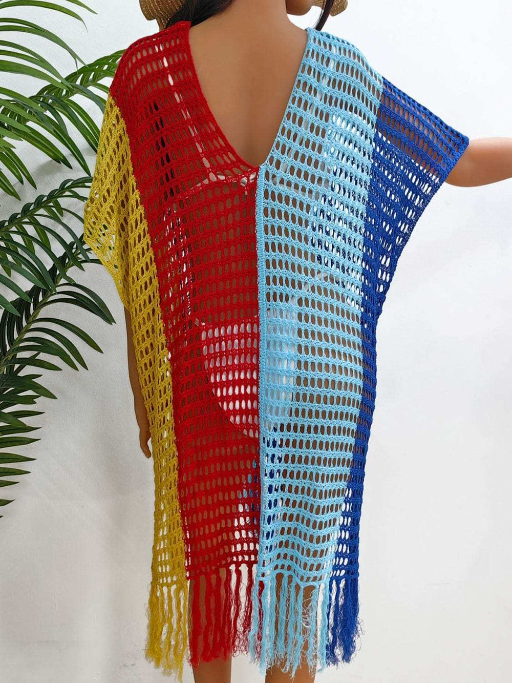 Fringe Color Block Scoop Neck Cover Up - Trendsi - Flyclothing LLC