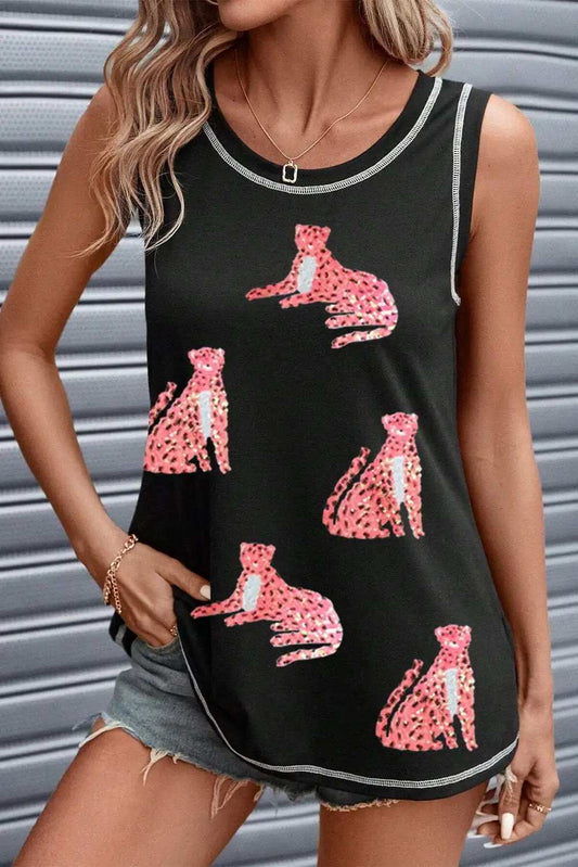 Leopard Round Neck Tank - Trendsi - Flyclothing LLC