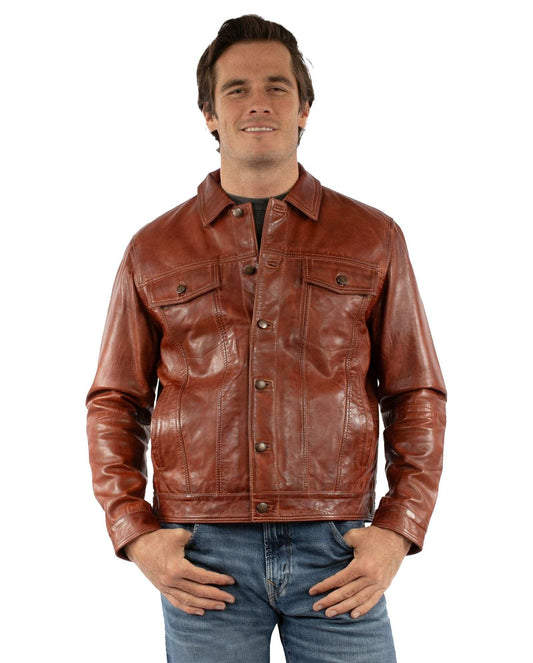 leatherwear mens cognac 100% leather men's jean jacket - Scully Leather - Flyclothing LLC