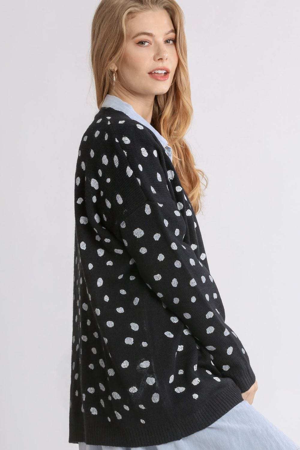 Umgee Polka Dot Open Front Drop Shoulder Cardigan - Trendsi - Flyclothing LLC