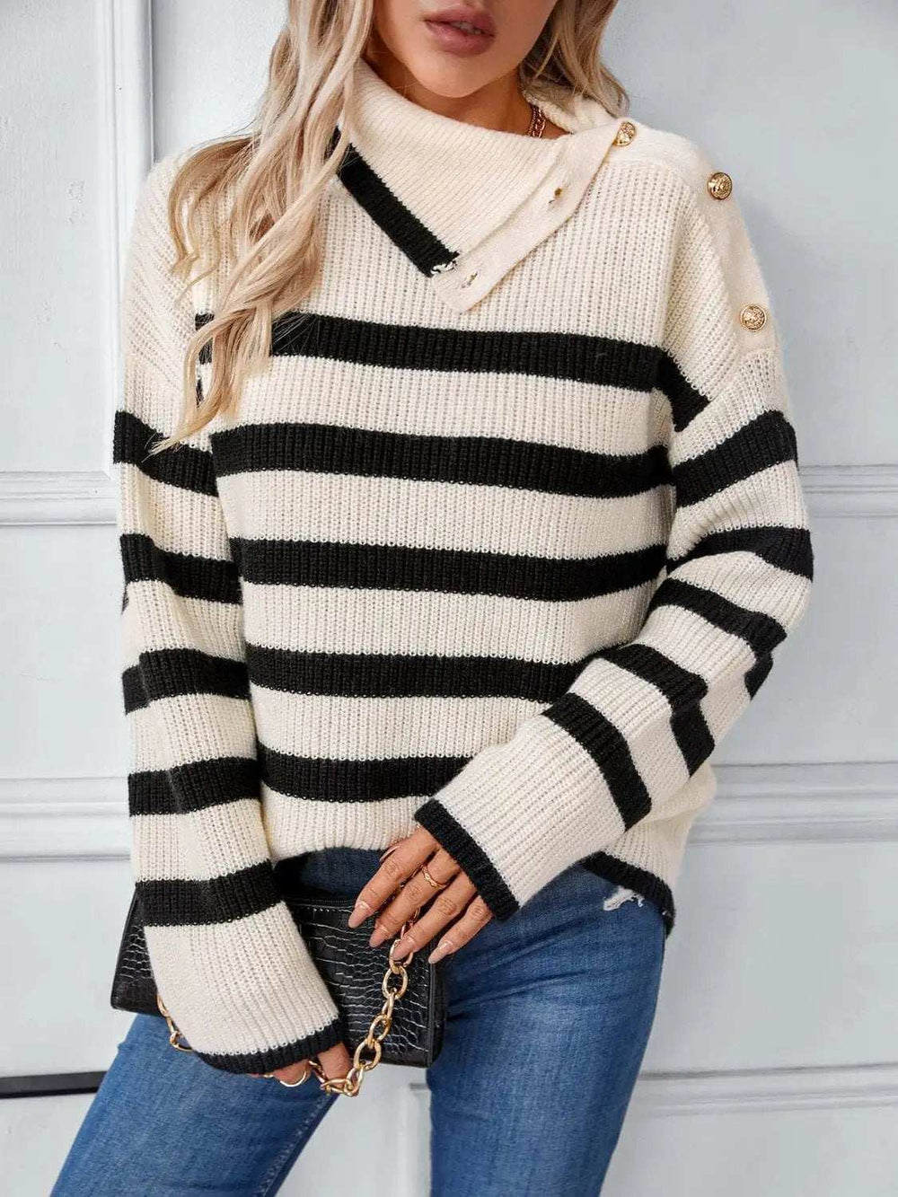 Buttoned Striped Long Sleeve Sweater - Trendsi - Flyclothing LLC