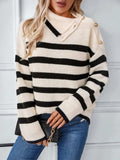 Buttoned Striped Long Sleeve Sweater - Trendsi - Flyclothing LLC
