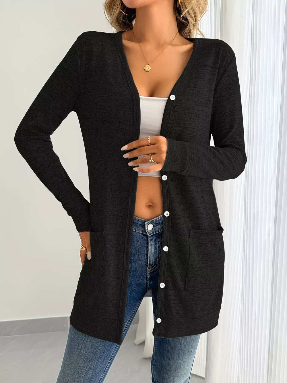 Open Front Longline Cardigan with Side Pockets - Trendsi - Flyclothing LLC