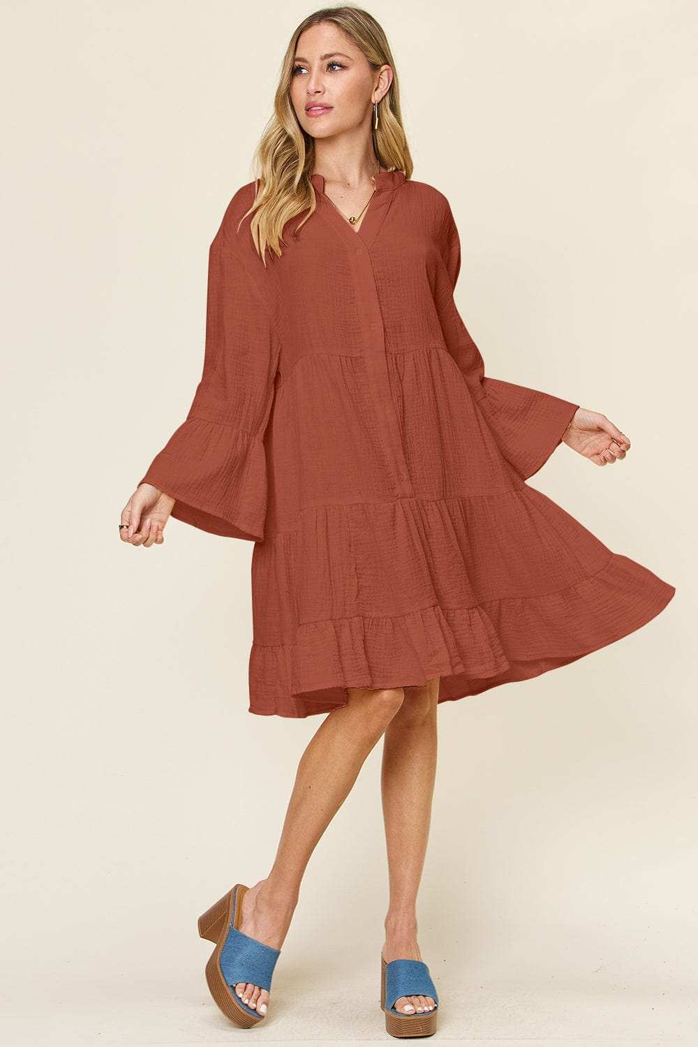 Double Take Full Size Texture Button Up Ruffle Hem Dress - Trendsi - Flyclothing LLC
