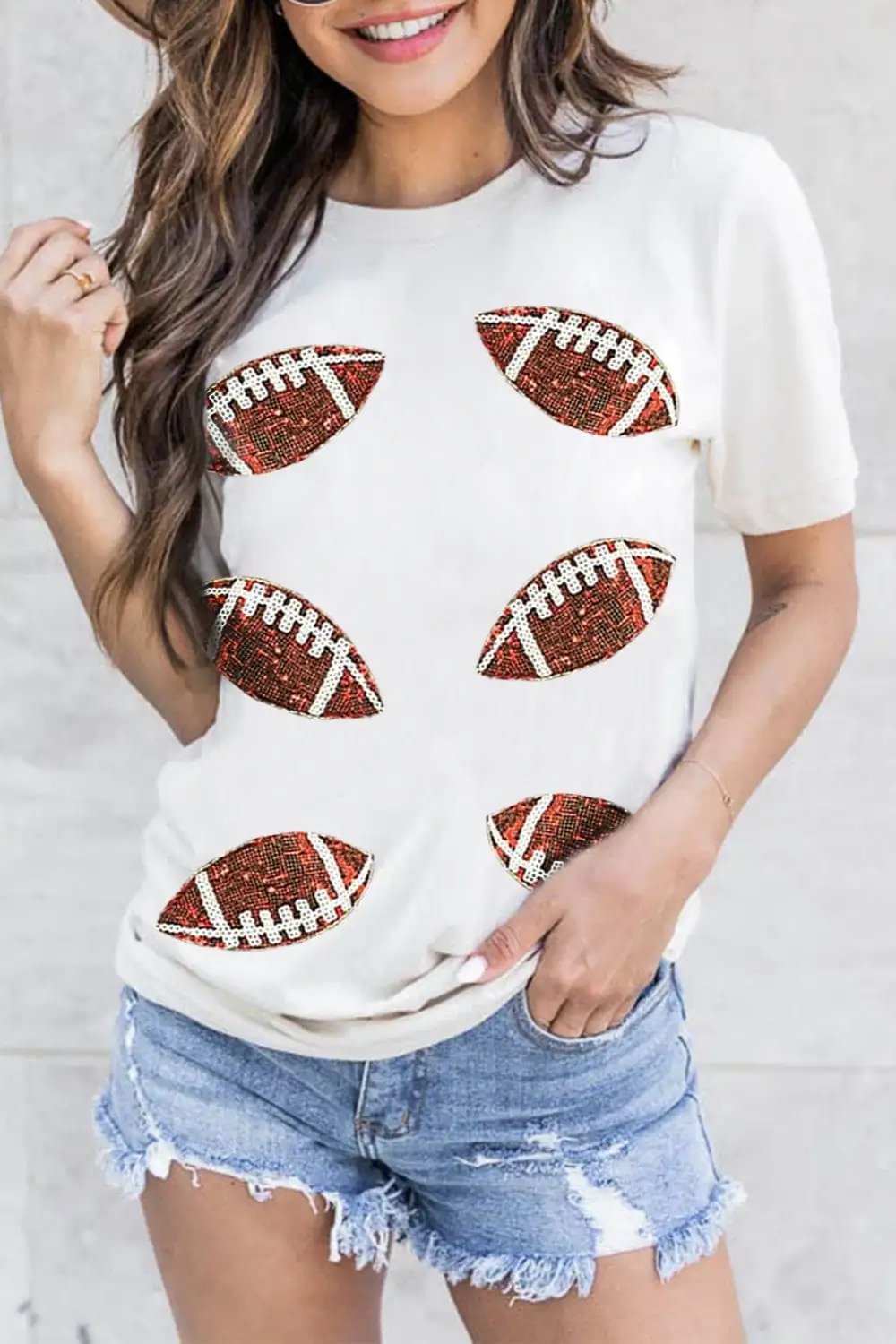 Sequin Football Round Neck Short Sleeve T-Shirt - Trendsi - Flyclothing LLC