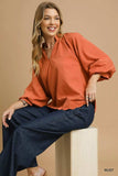 Umgee Textured Notched Balloon Sleeve Blouse with Scalloped Hem - Trendsi - Flyclothing LLC