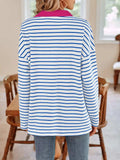 Striped Johnny Collar Long Sleeve T-Shirt - Trendsi - Flyclothing LLC