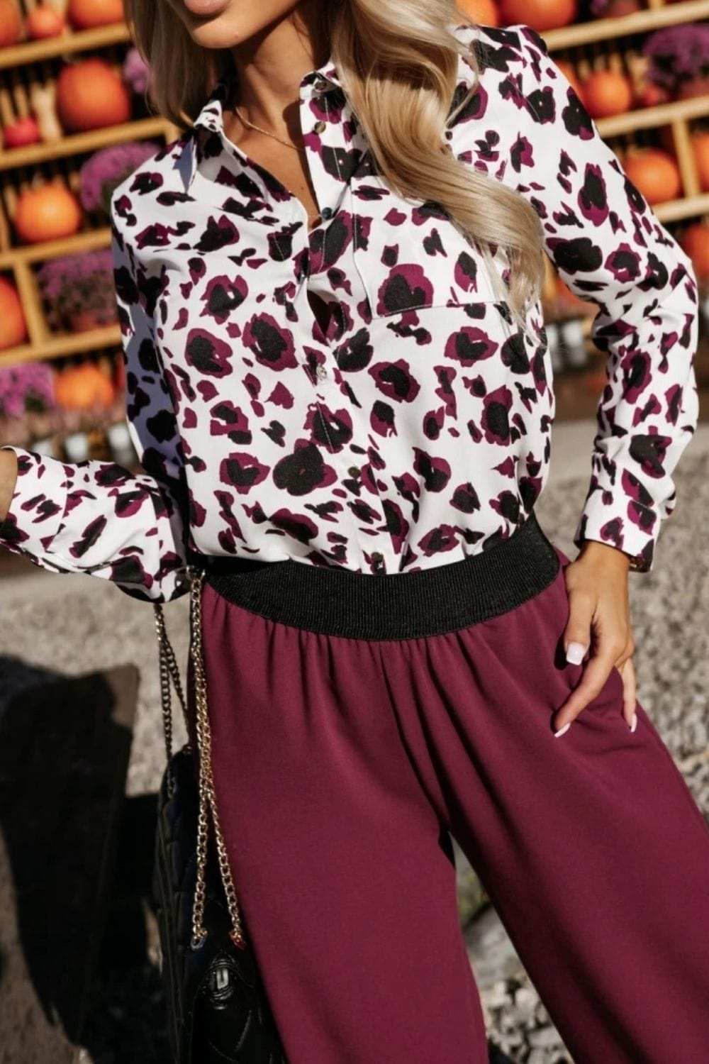 Printed Collared Neck Long Sleeve Shirt - Trendsi - Flyclothing LLC