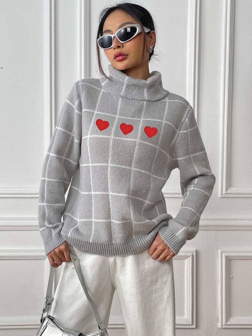 Heart Plaid Turtleneck Long Sleeve Sweater - Trendsi - Flyclothing LLC