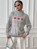 Heart Plaid Turtleneck Long Sleeve Sweater - Trendsi - Flyclothing LLC