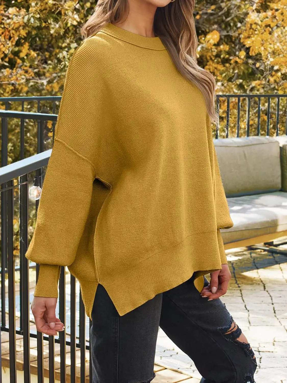 Slit Round Neck Dropped Shoulder Sweater - Trendsi - Flyclothing LLC