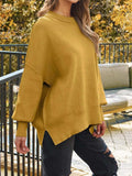 Slit Round Neck Dropped Shoulder Sweater - Trendsi - Flyclothing LLC