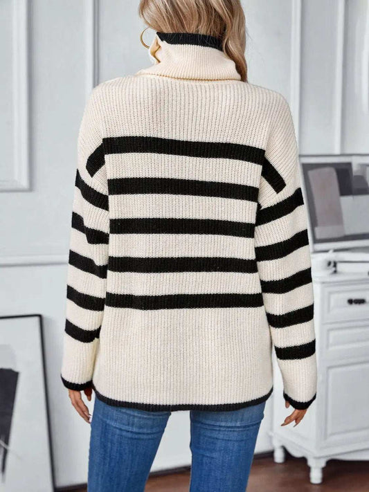 Buttoned Striped Long Sleeve Sweater - Trendsi - Flyclothing LLC